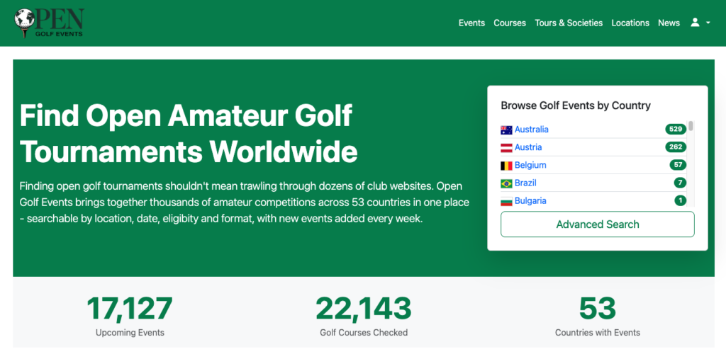 Open Golf Events website