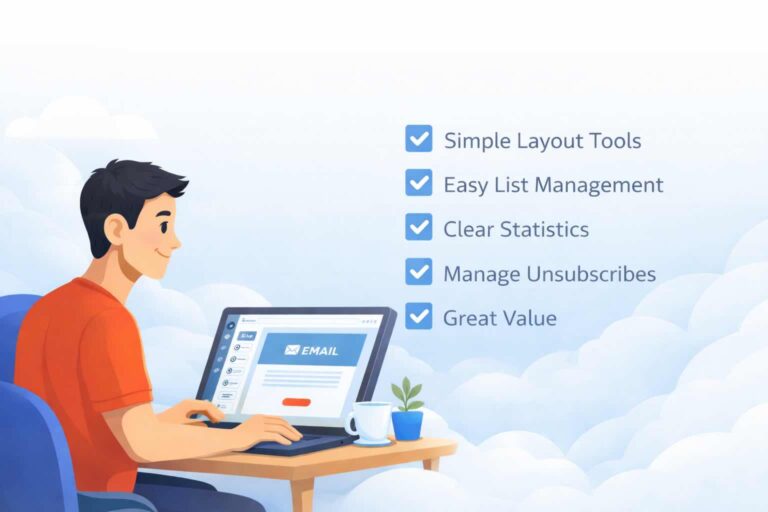 Cartoon man looking at a list: simple layout tools, easy list management, clear statistics, manage unsubscribes, and great value.